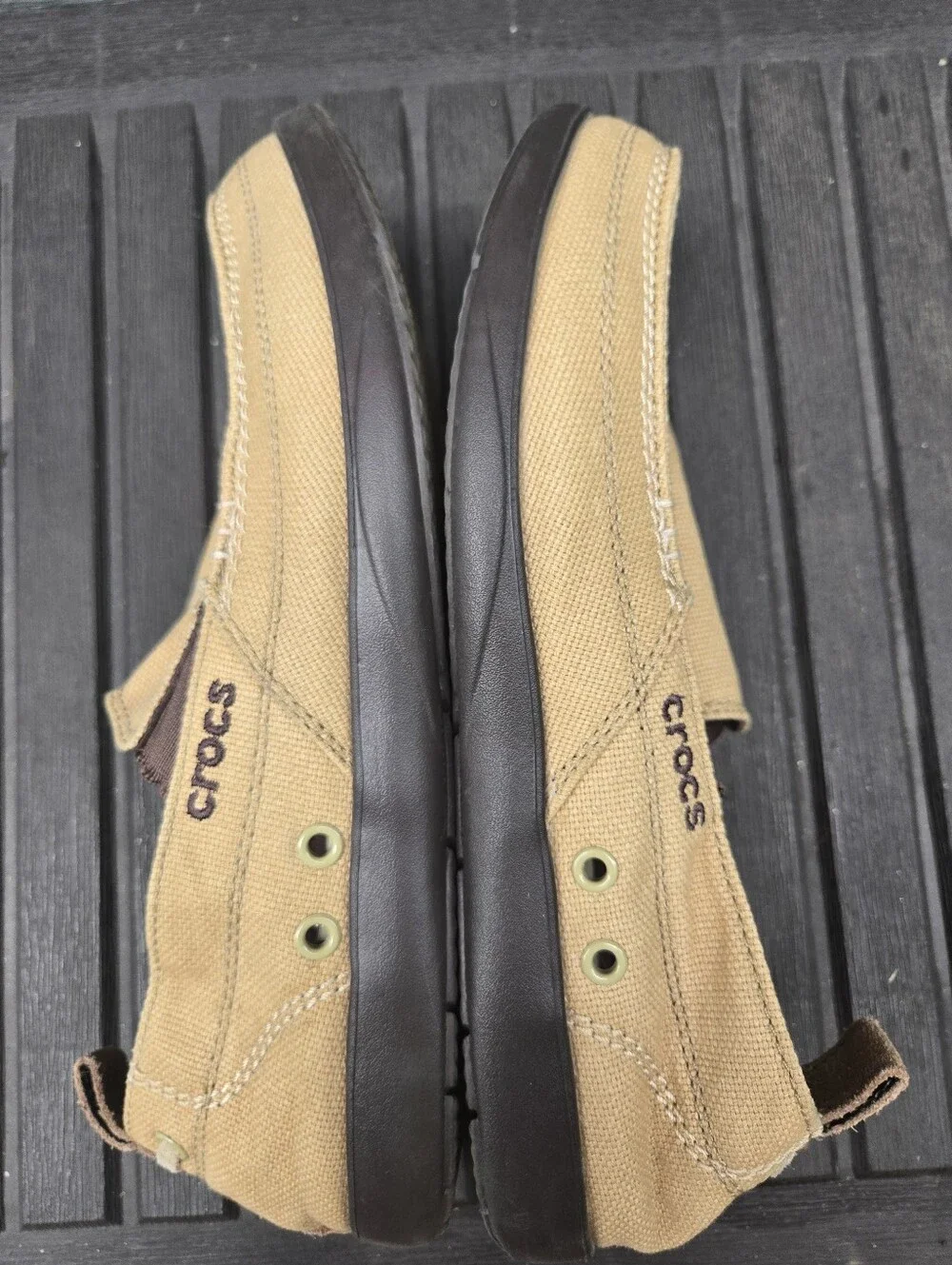 Crocs Santa Cruz Mens Size 10 Canvas Loafers Khaki Tan Slip On Casual Shoes